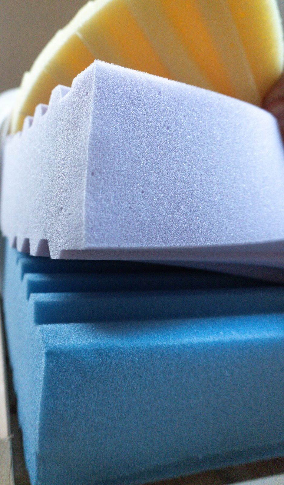 Close-up of lavender and blue foam layers