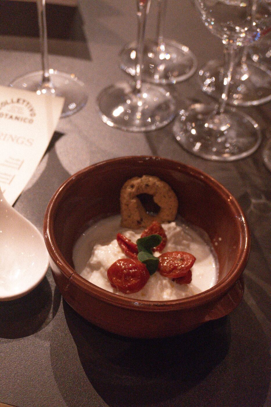 Burrata course at the wine tasting table