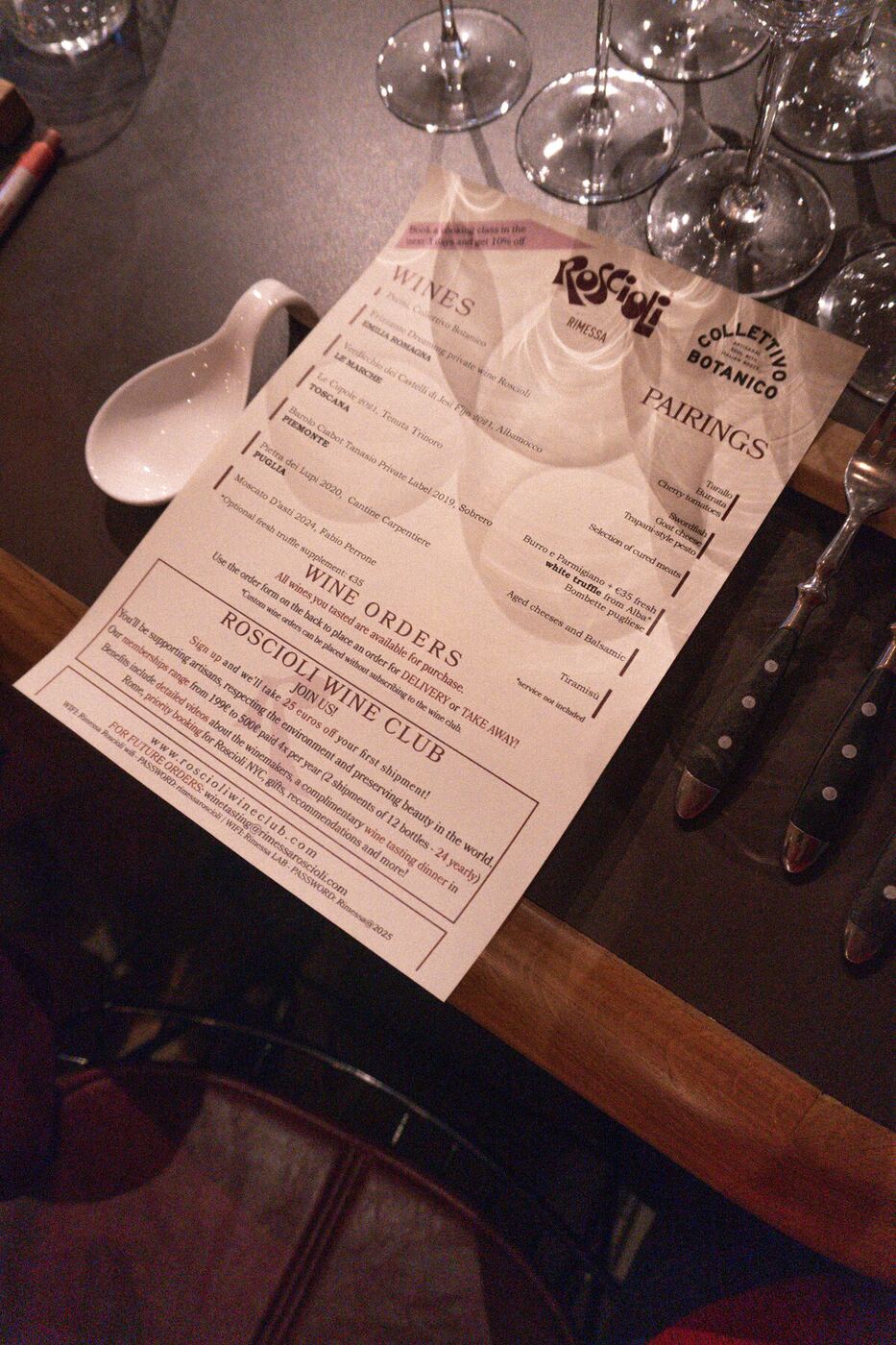 Rimessa Roscioli wine club menu on tasting table